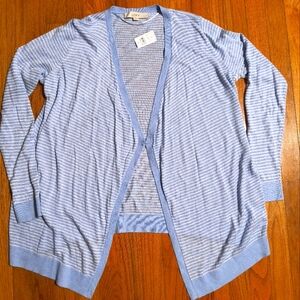 NWT Loft asymmetrical open cardigan, size medium, blue and white striped